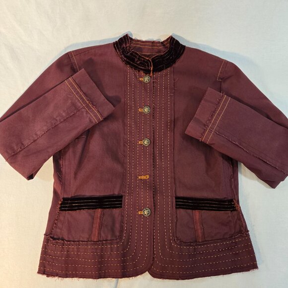 JOHNNY WAS Grunge BURGANDY Frayed Raw Edge Hem Utility Jacket Size L New NO Tag! - Picture 4 of 16